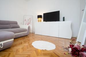 ein Wohnzimmer mit einem Sofa und einem TV in der Unterkunft Jelena Apartment in Split