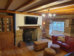 a living room with a fireplace with a tv above it at Laurel cottage Melplash in Netherbury