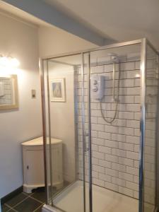 a shower in a bathroom with a glass door at Laurel cottage Melplash in Netherbury