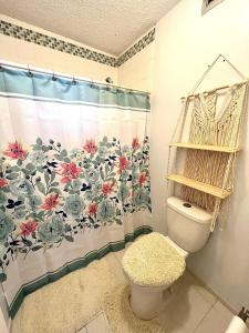 a bathroom with a shower curtain and a toilet at Sea View 1br sleeps 4 in Fajardo