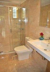um banheiro com vaso sanitário, chuveiro e pia em House Angelos D with sea view and private garden - Agios Gordios Beach em Agios Gordios