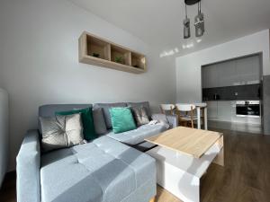a living room with a blue couch and a table at Vip Apartament LAUROWA in Tyczyn