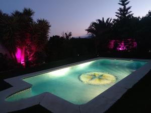 uma pequena piscina à noite com luzes roxas em Villa Hierbabuena em Valle de Abdalagís