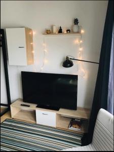 un soggiorno con TV a schermo piatto e lampada di Charmant appartement lumineux à Reims a Reims