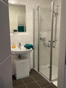 a bathroom with a shower and a sink at Rezas Restaurant Gästehaus in Oberbillig