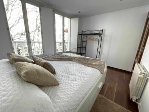 une chambre avec un grand lit avec des oreillers dessus dans l'établissement A morada das perseidas, à Ourense 8 autres photos