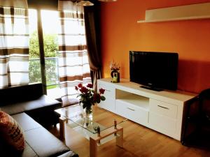 a living room with a flat screen tv on a white cabinet at ELILAR BAIONA in Baiona
