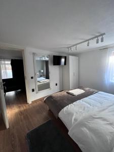 1 dormitorio con 1 cama grande y espejo en Cabana B2 langa strandul Banffy, en Topliţa