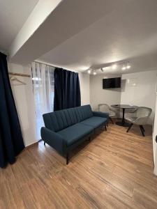 ein Wohnzimmer mit einem blauen Sofa und einem Tisch in der Unterkunft Cabana B2 langa strandul Banffy in Topliţa
