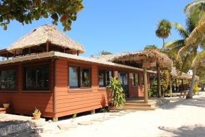 une maison sur la plage avec un toit de paille dans l'établissement Coral Beach Village Resort, à Utila