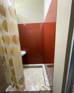 a bathroom with a toilet and a shower curtain at Riambel Paradise Inn First Floor Room in Riambel