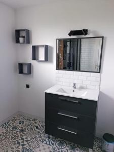 uma casa de banho com um lavatório e um espelho em gite des Korrigans 