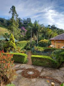 a garden with a bench and bushes at Chácara Toca da Zuca in Divino de São Lourenço