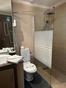 達喀爾的住宿－Hotel Fleur De Lys Almadies，浴室配有卫生间、盥洗盆和淋浴。