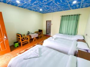 a bedroom with three beds and a blue ceiling at Tiger Wildlife Resort in Bharatpur