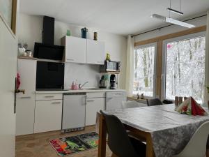 uma cozinha com armários brancos e uma mesa com cadeiras em Ferienanlage Geisingblick em Geising