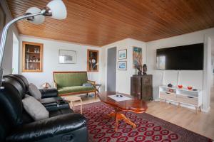 uma sala de estar com um sofá de couro e uma televisão em Charming 2BR apartment, sea view em Tórshavn