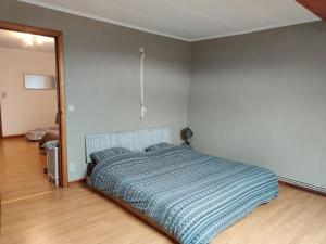 Schlafzimmer mit einem Bett mit blauer Decke in der Unterkunft Appartement cosy à Chimay in Chimay