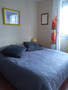 1 dormitorio con cama con sábanas azules y ventana en Chambre d'hôtes dans Résidence en Dijon