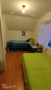 sypialnia z zielonym łóżkiem i biurkiem w obiekcie Casita de Sara w mieście Castro