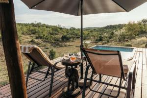 un cane seduto su un ponte con tavolo e ombrellone di Isambane Camp a Balule Game Reserve