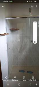 a shower with a glass door in a bathroom at Chácara Toca da Zuca in Divino de São Lourenço