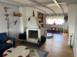 - un salon avec une cheminée au milieu dans l'établissement Grellsbo, à Grebbestad