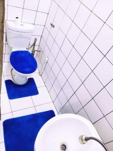 a bathroom with a blue toilet and a sink at PRIME GUEST HOUSE in Boksburg