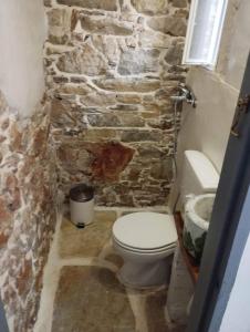 un bagno in pietra con servizi igienici e un muro di pietra di Fasolas square studio 15m2 is located 30 stairs up from the main road and it is in the old market fasolas and next to the museums a Philotium