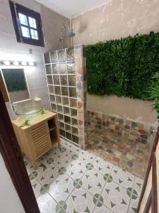 baño con ducha con pared verde en Anacaona by UTA HOUSE, en Sainte-Anne