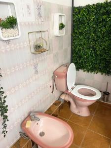 baño con aseo rosa y lavamanos en Anacaona by UTA HOUSE, en Sainte-Anne