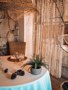 una mesa con un mantel blanco con una planta en Suite con Burbuja, en Canyelles