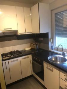 cocina pequeña con fregadero y fogones en Apartman Arena-Velesajam VITO, en Zagreb