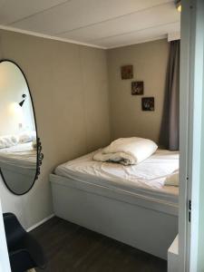 een kleine slaapkamer met een bed met een spiegel bij Vacare chalet in Drijber