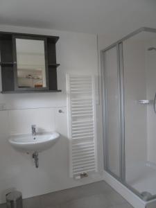 ein weißes Bad mit einem Waschbecken und einer Dusche in der Unterkunft Doppelzimmer Dresden - Wilschdorf Monteurunterkunft in Dresden