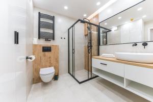 a bathroom with a shower and a toilet and a sink at Pomorskie Apartamenty Monte Cassino 27 Deluxe in Sopot +27 photos