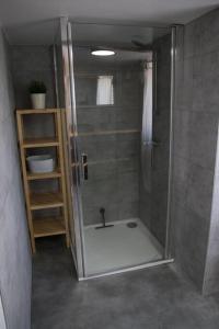 Saint-Jans-Cappel的住宿－Cottage chaleureux au cœur des Monts de Flandres，浴室里设有玻璃门淋浴