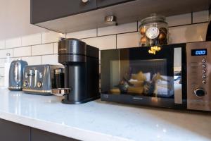 un forno a microonde seduto su un bancone in cucina di Abbey View studio central Bath a Bath
