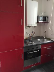 una cucina con armadi rossi e lavandino di L'Aiguillon, bel appartement hyper-centre a Brest