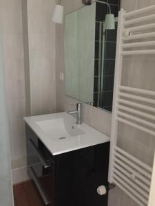 La salle de bains est pourvue d'un lavabo et d'un miroir. dans l'établissement L'Aiguillon, bel appartement hyper-centre, à Brest