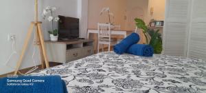 sypialnia z łóżkiem z niebieskimi poduszkami w obiekcie Loft 105 w Corralejo