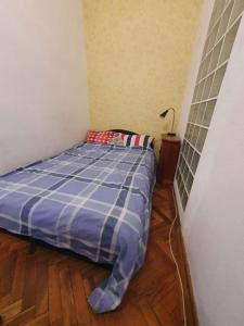 ブダペストにあるBelle apartmentの小さなベッドルーム(青いプライドの毛布付きのベッド付)