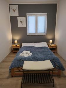 a bedroom with a bed with a blue blanket and a window at Apartamenty & Pokoje pod Gruszą in Kudowa-Zdrój