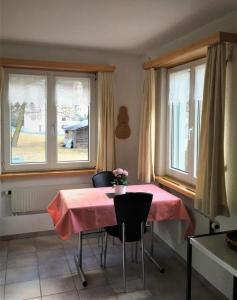 comedor con mesa rosa y 2 ventanas en Schöne, sonnige 25-Zimmer Parterre-Ferienwohnung, en Poschiavo
