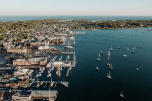 an aerial view of a harbor with boats in the water at Newport Marriott Hotel & Spa in Newport