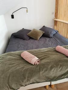 Una cama con dos almohadas rosas encima. en Bordeaux Chéri, en Burdeos