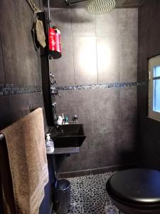 La salle de bains est pourvue de toilettes noires et d'un lavabo. dans l'établissement Appartement avec terrasse 10M2 centre ville 300 m Sète, à Sète