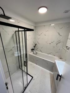 a bathroom with a shower and a tub and a sink at Sundeck City Centre Apartment in Bratislava