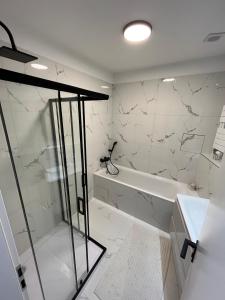 a bathroom with a shower and a tub and a sink at Sundeck City Centre Apartment in Bratislava +14 photos