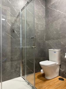 a bathroom with a toilet and a glass shower at Costa Santander. Apartamento con jardín in Santander